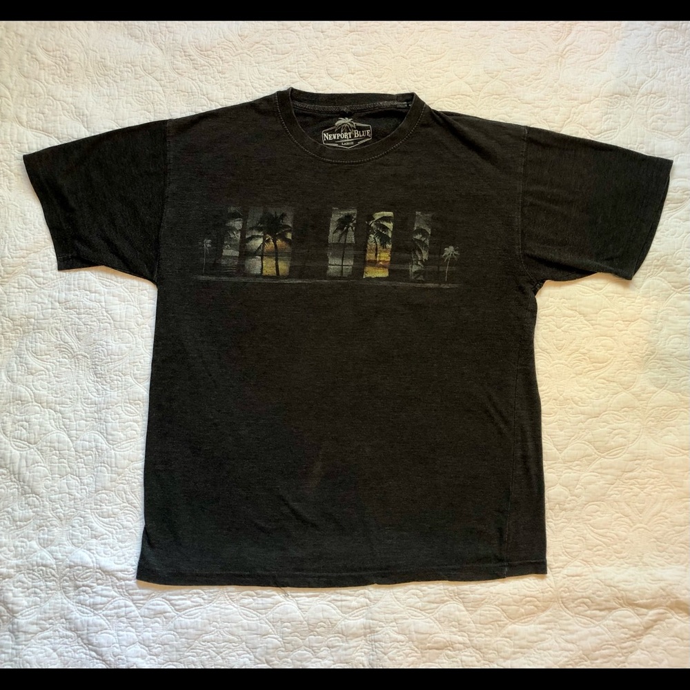 Newport Blue Mens charcoal gray T-shirt with palm trees